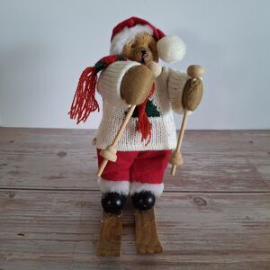 Vintage Skiing Christmas Bear Figurine Wood Cloth Resin Decoration Holiday 6”